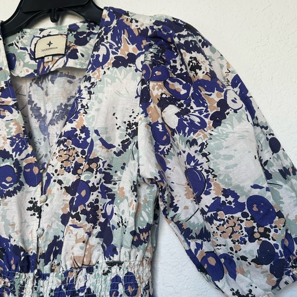 Tuckernuck Puff Sleeve Naomi Midi Dress Blue White Tan Size Small - Picture 4 of 13